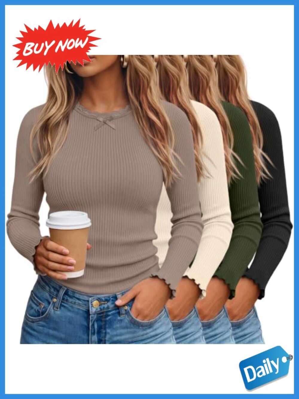 Women's Lace Long Sleeve Ribbed Knit Tops 4 Pack Slim Fit Crew Neck